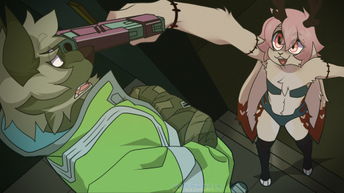 A commission of 2 people's OCs, one is pointing a gun at the othe OCs face in an exaggerated pose.