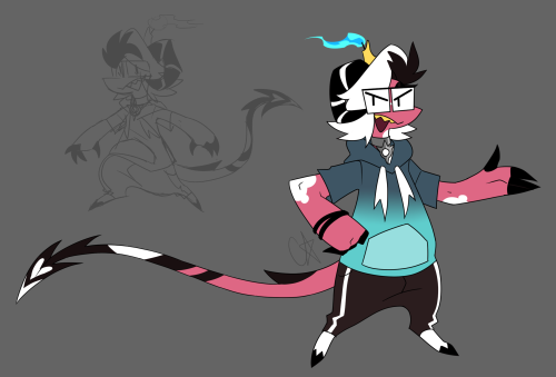 An impsona, he's wearing a blue-grey hoodie. He's a hybrid between an imp and shark/baphomet.