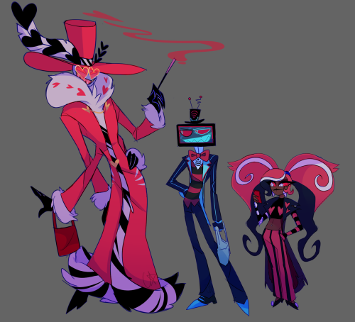 Various doodles of Vox, Velvet, and Valentino from Hazbin Hotel.